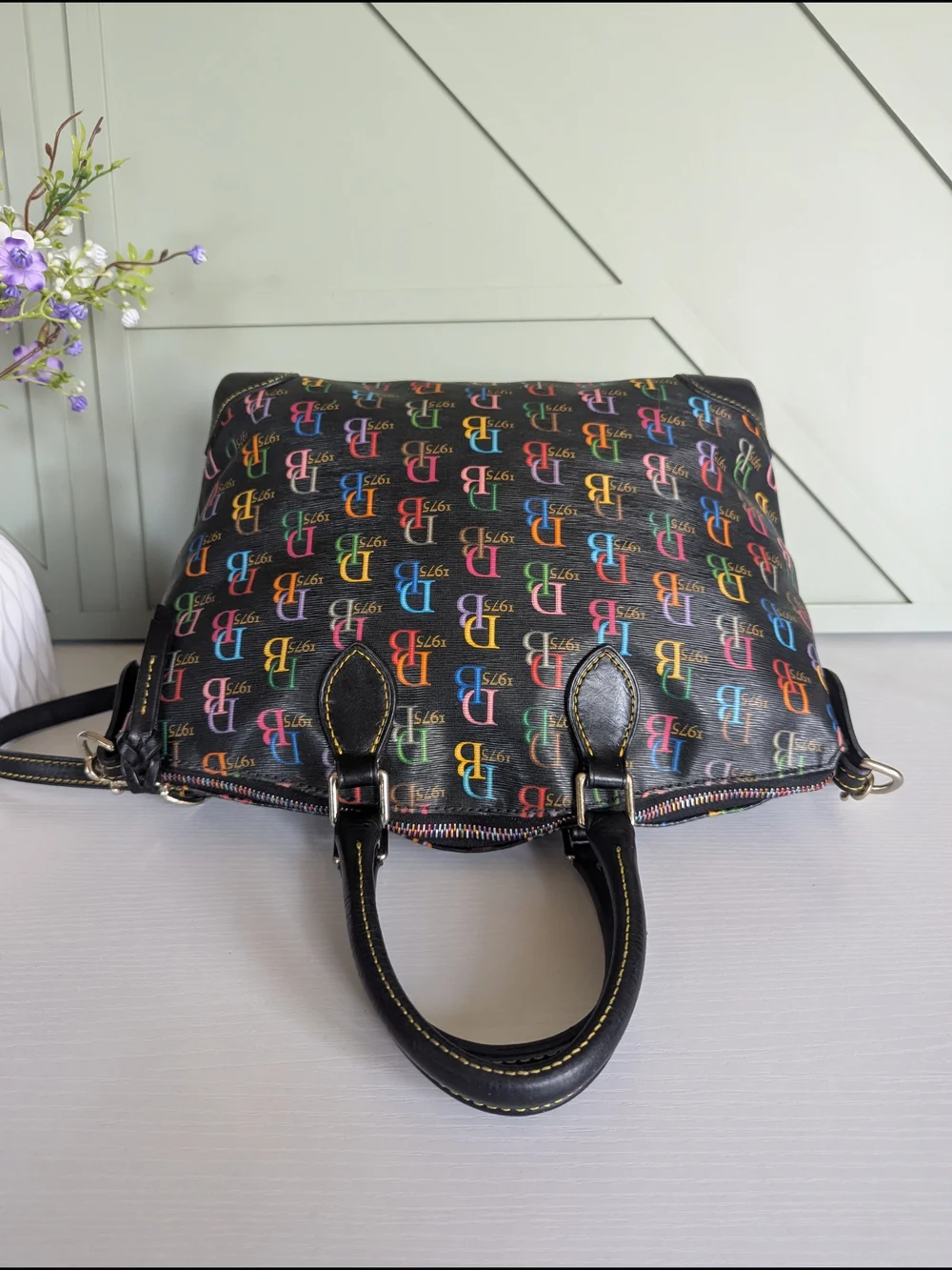 Dooney & Bourke Black Satchel with Multicolor DB Logo Print